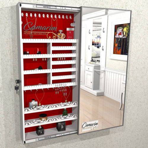 Armário Porta Joia C/ Porta de Espelho em Moldura de Alumínio - Pc130 Branco - Veludo Vermelho