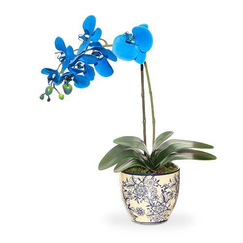 Arranjo Artificial Orquidea Azul no Vaso Ceramica Ladrilhado 45x20 Cm