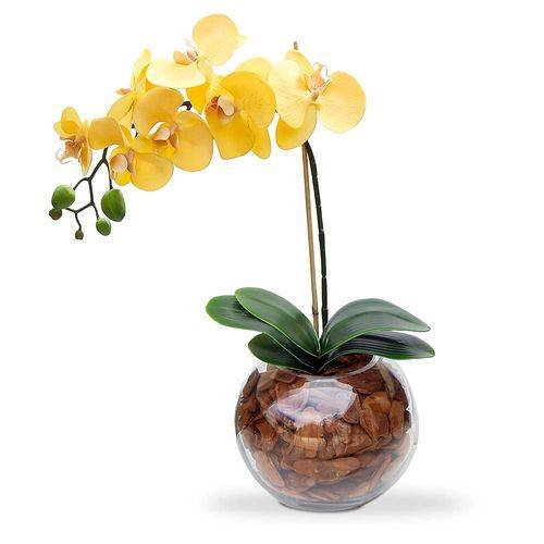 Arranjo de Flor Artificial Orquidea Amarela no Bowl de Vidro 45x20