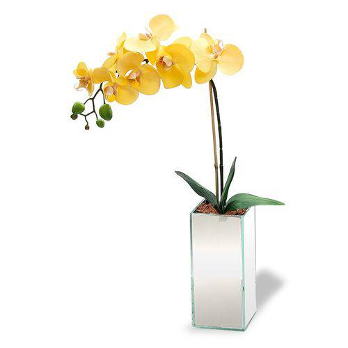 Arranjo de Flor Artificial Orquidea Amarela no Cachepot Espelhado 50x20 Cm