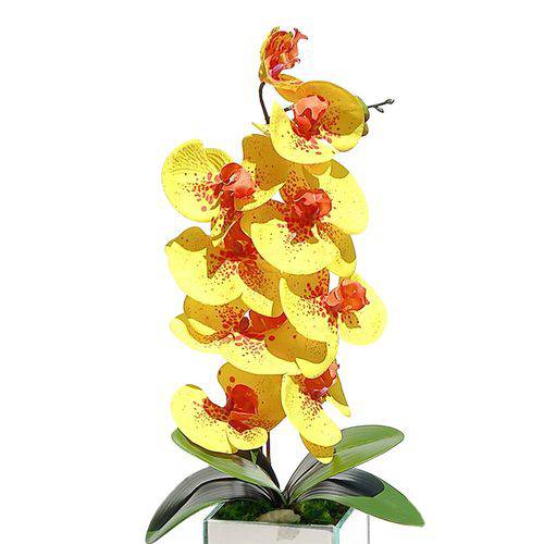 Arranjo de Flor Artificial Orquidea Amarela no Vaso Espelhado 55x12 Cm