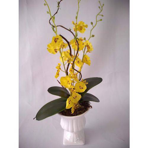 Arranjo de Flores Artificiais de Mini Orquidea Amarela na Taçinha de Ceramica Branca 25 Cm
