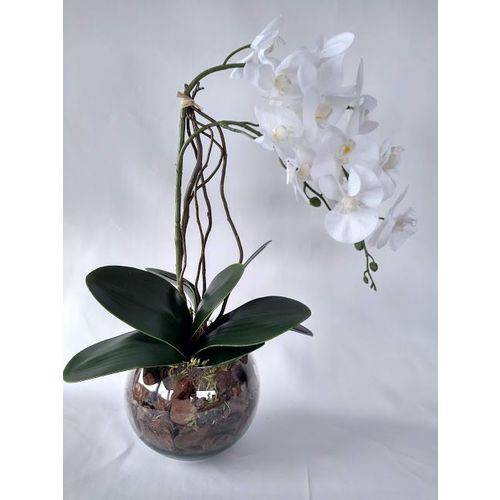 Arranjo de Flores Artificiais de Orquidea Branca no Vaso Bowl de Vidro 45cm