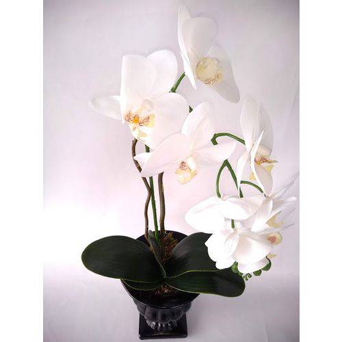Arranjo de Flores Artificiais de Orquideas Brancas na Taça de Ceramica Preta 85cm