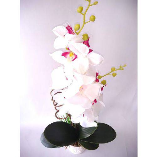 Arranjo de Flores Artificiais de Orquideas Brancas no Vaso de Ceramica Branca 45cm