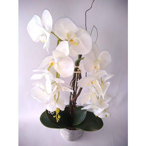 Arranjo de Flores Artificiais de Orquideas Brancas no Vaso Prata 65cm