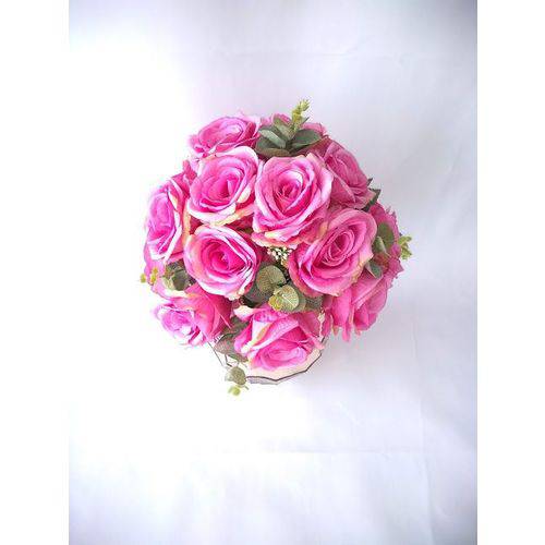 Arranjo de Flores Artificiais de Rosas Cor-de-rosa no Vaso Dourado 45cm
