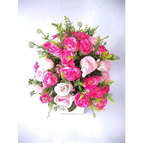 Arranjo de Flores Artificiais de Rosas Cor-de Rosas no Vaso Espelhado 45cm