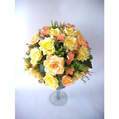 Arranjo de Flores Artificiais de Rosas Laranjas e Amarelas na Taça de Vidro 85cm