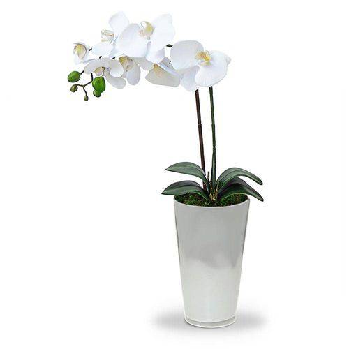 Arranjo de Flores Artificiais Orquidea Branca Vaso Vidro Branco 50 Cm