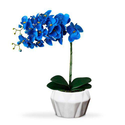 Arranjo de Flores Artificiais Orquideas Azuis no Vaso Branco Moderno 55x20 Cm
