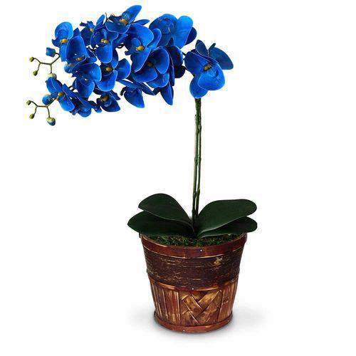 Arranjo de Flores Artificiais Orquideas Azul Cachepot de Madeira 55x20 Cm