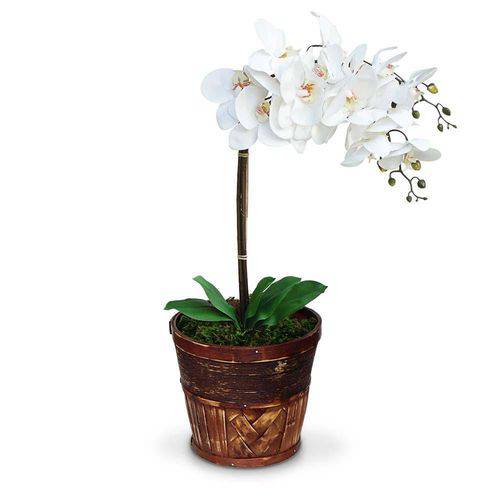 Arranjo de Flores Artificiais Orquideas Brancas Cachepot de Madeira 55x15 Cm