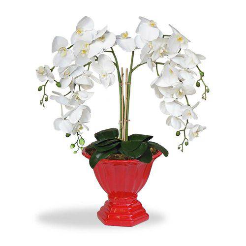 Arranjo de Flores Artificiais Orquideas Brancas Cachepot Pedestal Vermelho 60x30 Cm