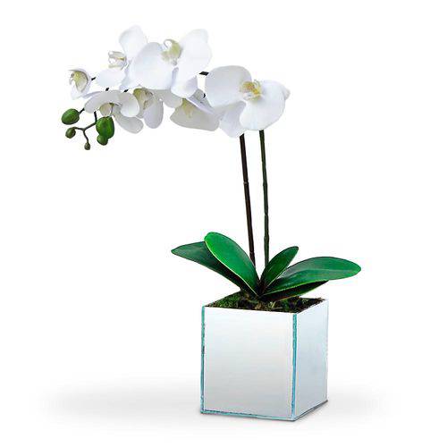 Arranjo de Flores Artificiais Orquideas Brancas no Cachepot Vidro Espelhado 40 Cm