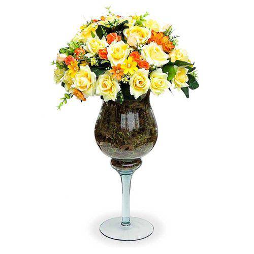 Arranjo de Flores Artificiais Rosas Amarelas na Taça de Vidro 60x30 Cm