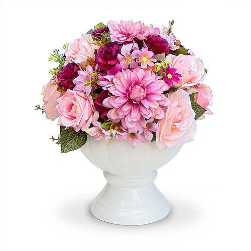 Arranjo de Flores Artificiais Rosas Crisantemos no Vaso Branco 30cm X 20cm