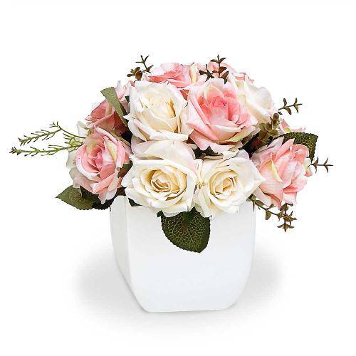 Arranjo de Flores Artificiais Rosas Mistas Cachepot Branco Quadrado 20x20
