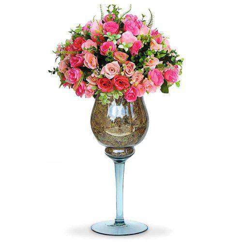 Arranjo de Flores Artificiais Rosas Mistas na Taca De-Vidro Grande 60x30 Cm