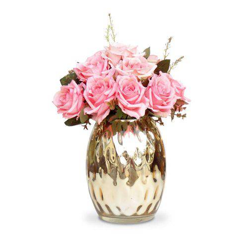 Arranjo de Flores Artificiais Rosas Vaso Espelhado Dourado 25x19cm