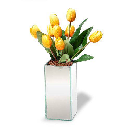 Arranjo de Flores Artificiais Tulipas Amarelas no Vaso Espelhado 40x15 Cm
