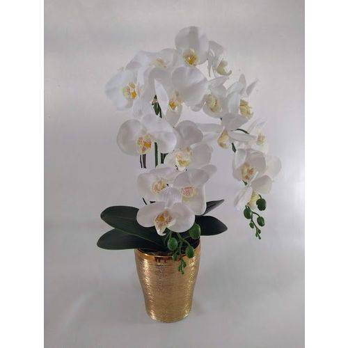Arranjo de Flores Artificias de Orquídea Brancas no Cachepot Dourado 55 Cm