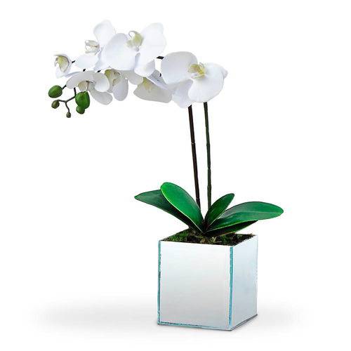 Arranjo de Orquídea Branca Artificial Cachepot Espelhado