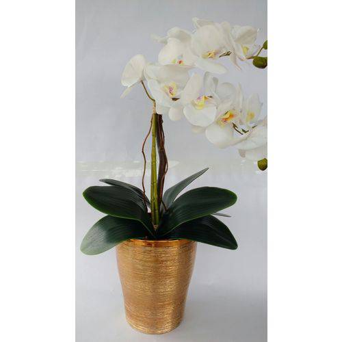 Arranjo de Orquídea Branca Toque Real com Vaso Dourado 48 Cm