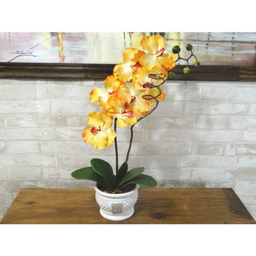 Arranjo Flor Orquídea Artificial Vaso Cerâmica com Strass
