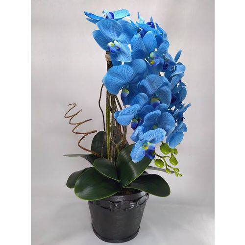 Arranjos de Flores Artificiais de Orquideas Azuis no Vaso de Ceramica Preta 55cm