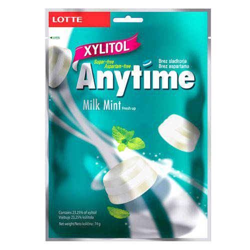 Bala Coreana de Xylitol Anytime Leite - Lotte 74g