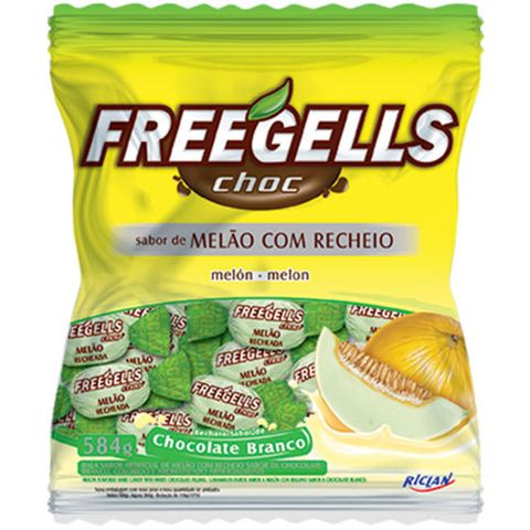 Bala Dura Recheada Chocolate Branco e Melão Freegells 584g - Riclan