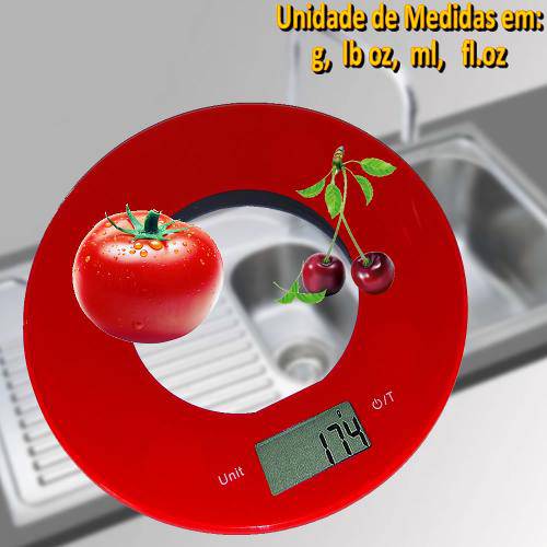 Balança de Cozinha Digital Slim Design Redonda 5 Kgs Vermelho Cbrn01569