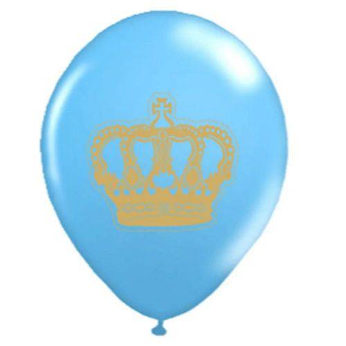 Balão de Látex Decorado Azul Claro com Coroa Dourada 10" 28cm 25un Pic Pic