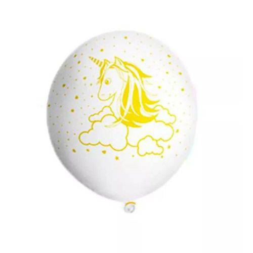Balão de Látex Decorado Branco Unicórnio Dourado 10" 28cm 25un Pic Pic
