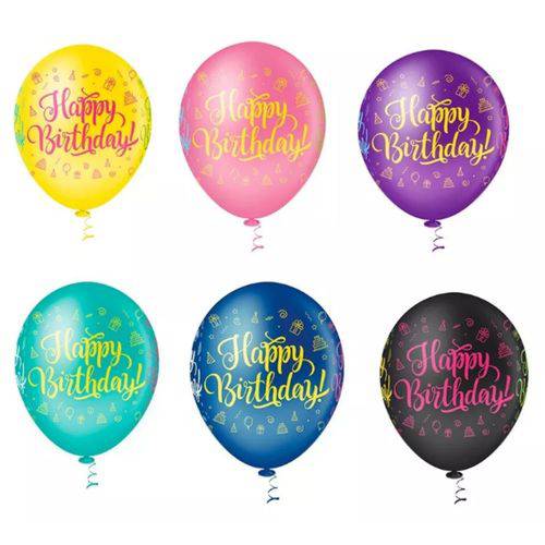 Balão de Látex Decorado Happy Birthday Cores Sortidas 10" 28cm 25un Pic Pic