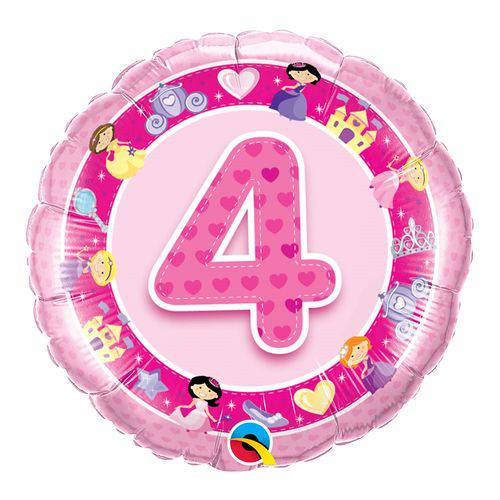 Balão Metalizado Redondo 18 Polegadas - 4 Anos Princesas Rosa - Qualatex