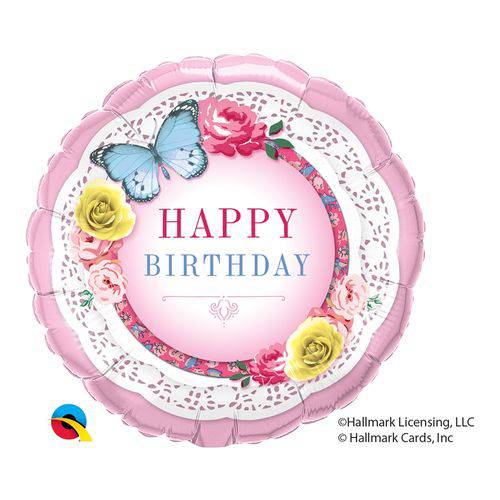 Balão Metalizado Redondo 18 Polegadas - Aniversário, Borboletas e Rosas - Qualatex