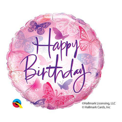 Balão Metalizado Redondo 18 Polegadas - Aniversário, Borboletas Voando - Qualatex