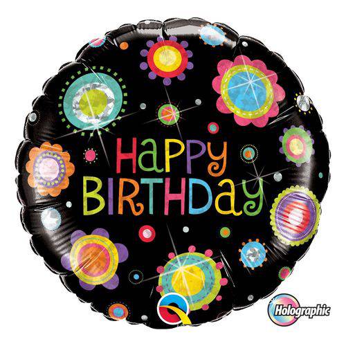 Balão Metalizado Redondo 18 Polegadas - Aniversário, com Pontos e Flores - Qualatex