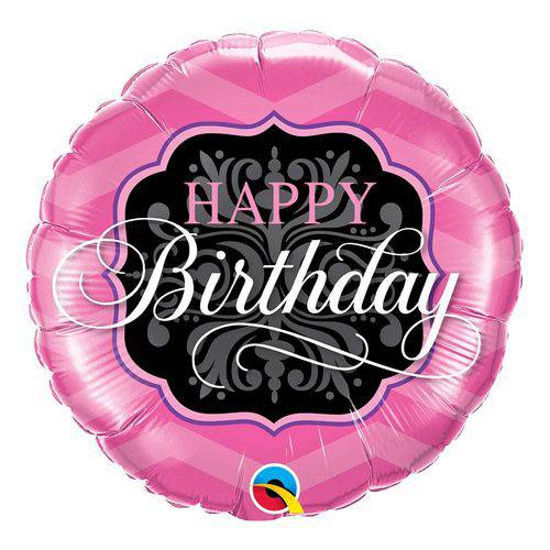 Balão Metalizado Redondo 18 Polegadas - Aniversário, Rosa e Preto - Qualatex