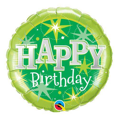 Balão Metalizado Redondo 18 Polegadas - Aniversário, Verde com Brilho - Qualatex