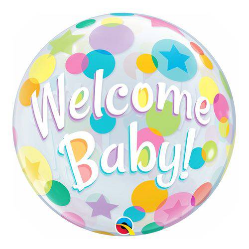 Balão Metalizado Redondo 18 Polegadas - Bem-vindo Bebê, com Pontos - Qualatex