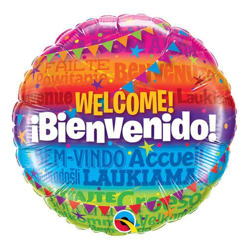 Balão Metalizado Redondo 18 Polegadas - Bem-vindo em Diversos Idiomas - Qualatex