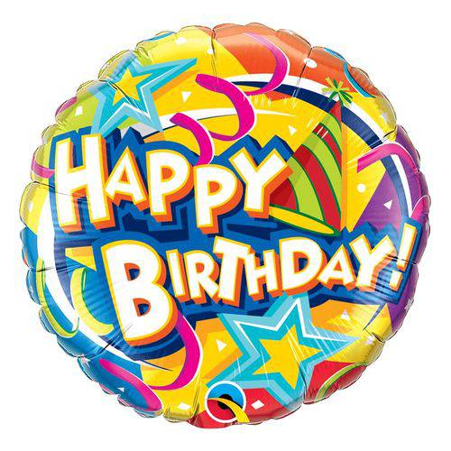 Balão Metalizado Redondo 18 Polegadas - Chapéu e Estrelas de Aniversário - Qualatex