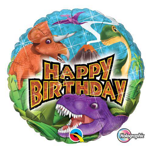 Balão Metalizado Redondo 18 Polegadas - Dinoussauros de Aniversário - Qualatex