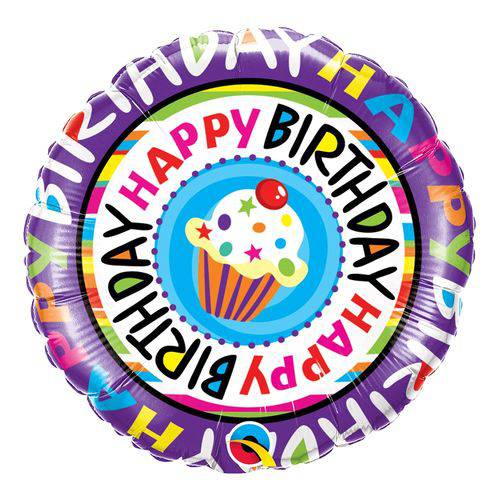 Balão Metalizado Redondo 18 Polegadas - Feliz Aniversário com Cupcake Repetido - Qualatex