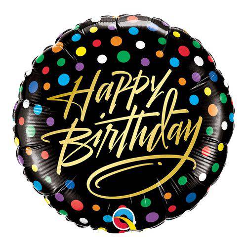 Balão Metalizado Redondo 18 Polegadas - Feliz Aniversário, Pontos Coloridos - Qualatex