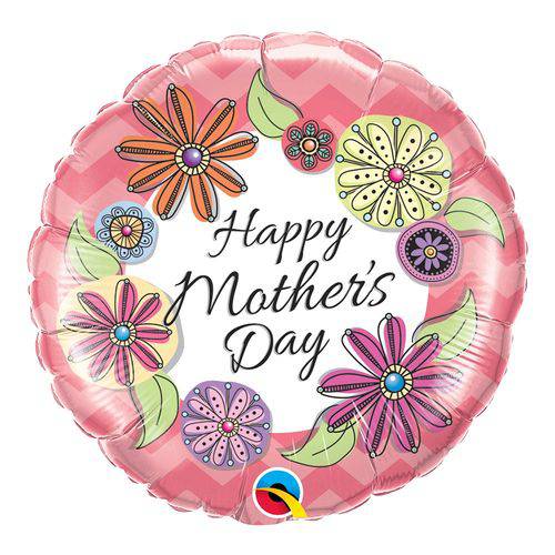 Balão Metalizado Redondo 18 Polegadas - Mothers Day Floral Chevron - Qualatex