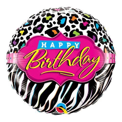 Balão Metalizado Redondo 18 Polegadas - Padrões de Leopardo e Zebra de Aniversário - Qualatex